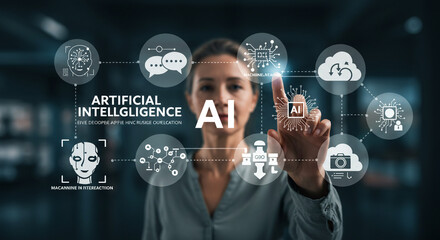 Visionary businesswoman interacts with a futuristic AI interface, exploring digital transformation and machine intelligence concepts in a modern office setting.