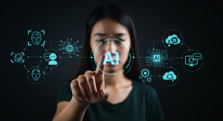 Woman interacts with futuristic AI interface, exploring digital connections and intelligent systems for modern innovation and data analysis