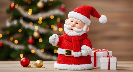 Cheerful santa claus figurine with holiday decorations and presents