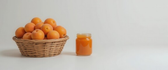 Apricot Simplicity  Wicker Basket of Ripe Fruit and Single Jam Jar   Minimalist Style with Clean Lines and a White Studio Background.