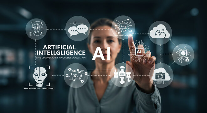 Visionary businesswoman interacts with a futuristic AI interface, exploring digital transformation and machine intelligence concepts in a modern office setting.