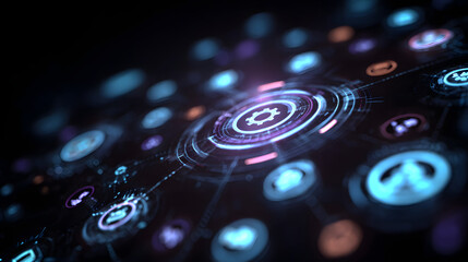Illuminated digital interface showcasing a gear icon at the center of a circular design, interconnected with various other interface elements.
