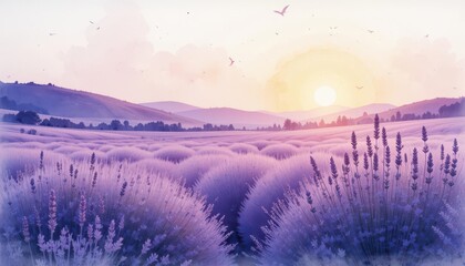 Floral Fragrance  Watercolor Painting of a Lavender Field at Sunrise