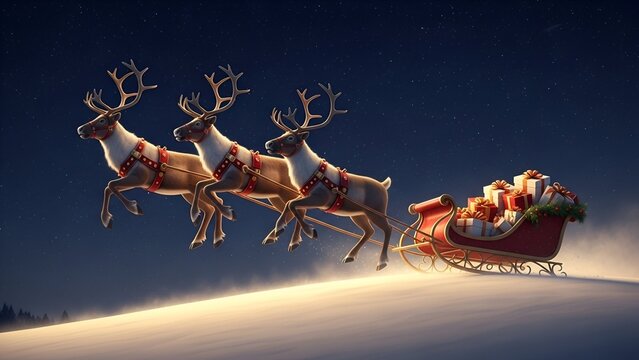 Three reindeer pull a red sleigh filled with gifts across a snowy landscape under a dark blue, starry night sky. - Powered by Adobe