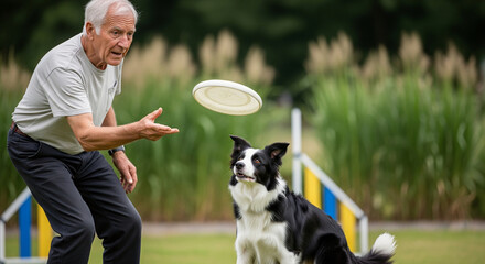 Focused senior man throws a flying disc for his attentive Border Collie dog during a fun outdoor training and bonding activity on a grassy field