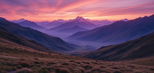 Stunning Mountain Sunrise with Violet Sky and Grassy Valley