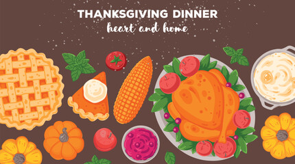 Thanksgiving day, family dinner. Hand drawn flat style. Top view vector illustration. Festive dinner with turkey and potato, apple pie, vegetables, fruits. Autumn food