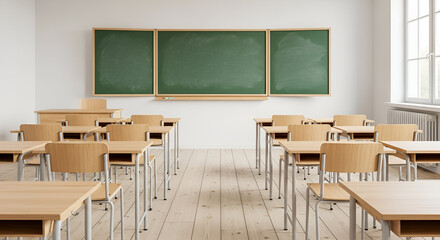Empty Classroom with Desks and Green Chalkboard school
