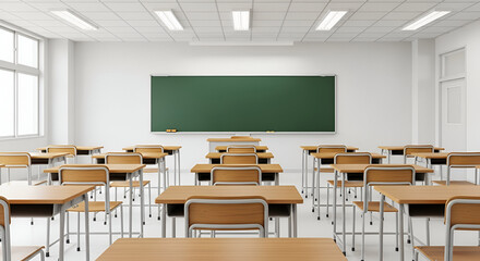 Empty Classroom with Desks and Green Chalkboard school