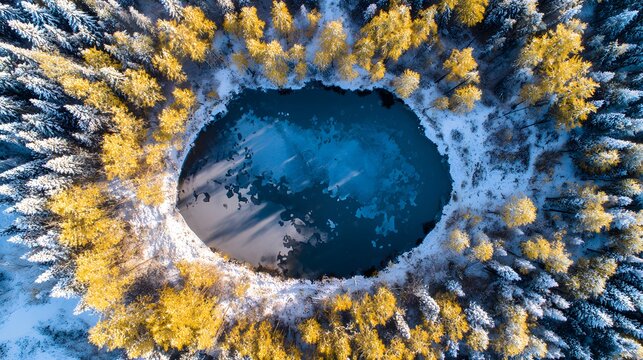 Overhead view of a serene, icy lake encircled by a vibrant, autumnal forest, where snow-covered evergreens meet golden trees under a crisp, clear, winter sky.