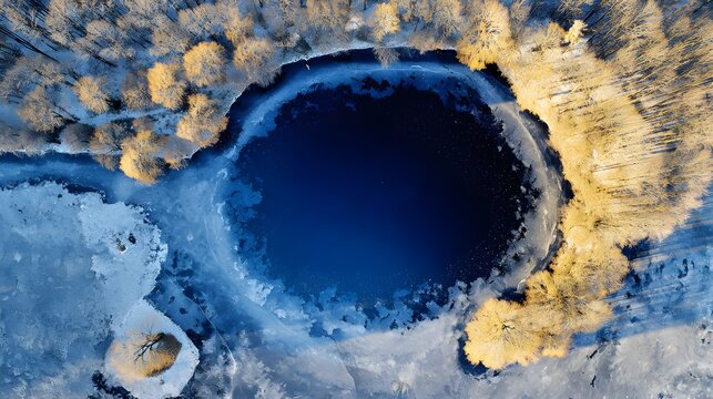 A striking aerial perspective reveals a frozen lake surrounded by trees, their golden hues contrasting against the deep blue water and icy formations of winter scenery. - Powered by Adobe