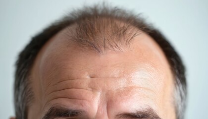 Fototapeta premium Male forehead with visible thinning hair and receding hairline, showing signs of baldness. Adult man faces hair loss concerns and potential treatments.