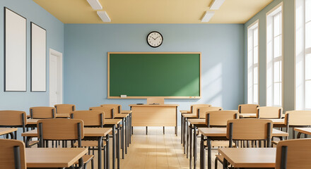 Empty Classroom With Desks Blackboard And Clock school