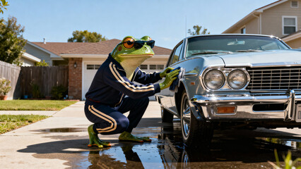 A funny anthropomorphic frog wearing a tracksuit and sunglasses washes a vintage lowrider car on a sunny suburban driveway. A surreal and humorous concept.