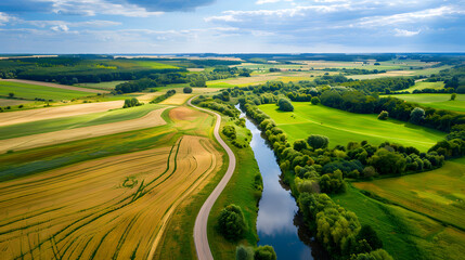 Obraz premium Aerial view of river and agricultural fields