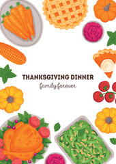 Thanksgiving day, family dinner. Hand drawn flat style. Top view vector illustration. Festive dinner with turkey and potato, apple pie, vegetables, fruits. Autumn food