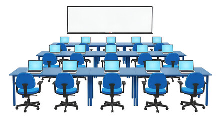 Empty Classroom with Laptops and Whiteboard on White Background