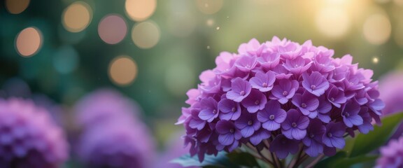 Purple Hydrangea in a Dreamlike Setting, Bokeh Lights and Ethereal Atmosphere