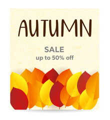 Word 'AUTUMN' on a light yellow background with red and yellow fall leaves decoration. Template for sale promotion banner or poster