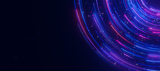 Bigdata light speed data flow U-turn top view. Abstract digital data stream of quantum computing. Cyberspace of qubit trails. Modern tech information transmission.