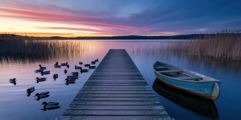 Obraz premium Tranquil Lake Dock at Sunset with Wooden Pier, Canoe, and Ducks in Calm Water, Serene Nature Landscape Photography