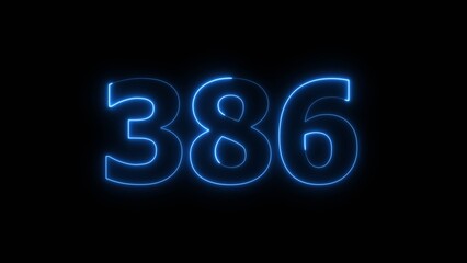 Abstract beautiful blue neon 386 number illustration background. Glowing neon countdown number icon background 4k.