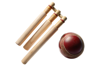 Cricket wicket and red ball, cutout, PNG isolated on white or transparent background
