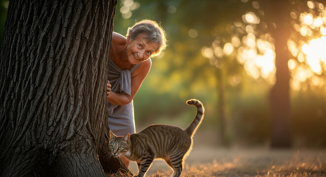 A cheerful senior woman enjoys a playful moment with her tabby cat, hiding behind a large tree in a sun-drenched park at sunset
