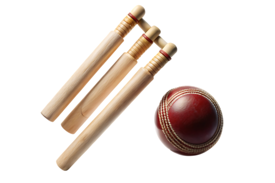 Cricket wicket and red ball, cutout, PNG isolated on white or transparent background