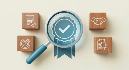 Magnifying glass over a quality assurance badge surrounded by business and verification icons on wooden blocks, symbolizing standards and compliance.