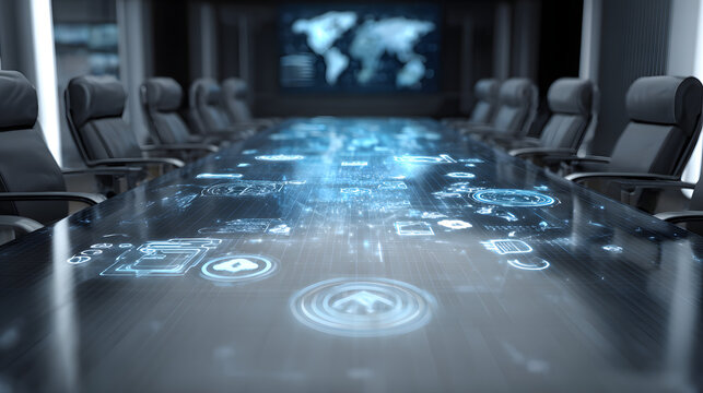 Futuristic boardroom features a long table with holographic projections of digital icons, surrounded by black leather chairs, suggesting a high-tech meeting environment in a modern office. - Powered by Adobe
