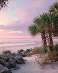 Serene Coastal Sunset - Palm Trees Silhouetted Against Pastel Sky, Beach Scene.