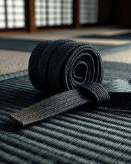 Rolled Black Belt on Tatami Mat in Dojo, Japanese Martial Arts Training.