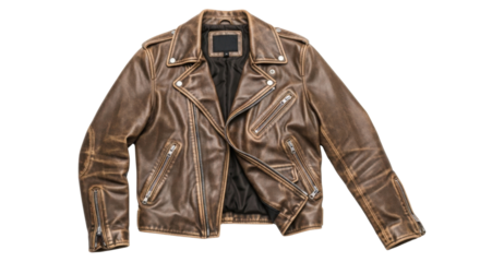 Brown leather biker jacket with zipper details isolated PNG with Transparent Background