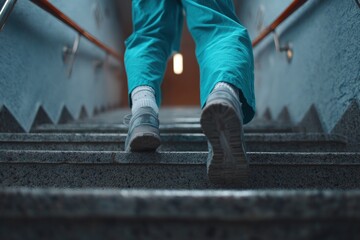 Person in teal pants and sneakers climbs subway stairs, low-angle shot