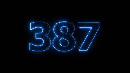 Abstract beautiful blue neon 387 number illustration background. Glowing neon countdown number icon background 4k.