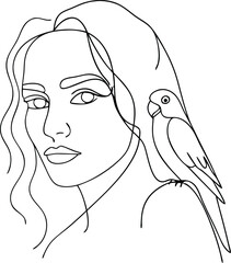 Minimalist Line Art Woman Face with Parrot Shoulder Continous line drawing bird