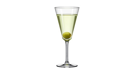 Isolated conical cocktail glass filled with beverage and olive at bottom, clean look