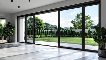 Fototapeta premium Expansive modern interior featuring large, dark-framed sliding glass doors seamlessly connecting a bright, minimalist living space with a lush green backyard, capturing natural light and a peaceful...