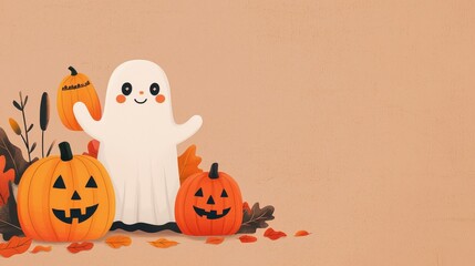 Cute Ghost Surrounded by Pumpkins and Autumn Leaves for Fall Decor