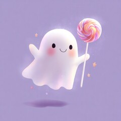 Cute Ghost Waving with Colorful Lollipop on Pastel Background
