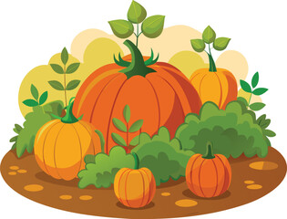Cartoon Illustration of Pumpkins Patch with Foliage and Leaves on the ground