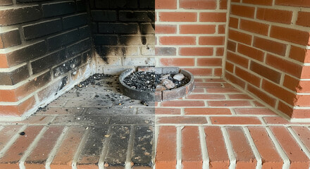 Comparison of sooty and restored brick fireplace hearth showcasing clear cleaning contrast