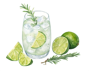 Refreshing gin and tonic cocktail with lime slices and rosemary sprigs isolated on transparent background