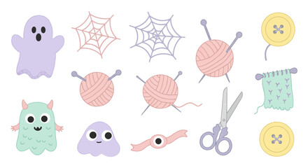 cute halloween sewing crafting icons ghosts yarn buttons scissors for diy projects crafting tutorials and creating charming spooky decorations