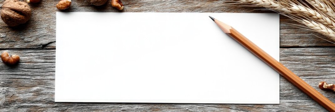 Overhead shot of a blank card with pencil, nuts, and wheat stalks on a rustic wooden surface