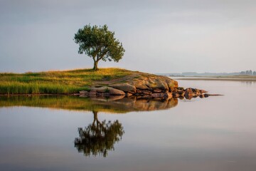 Serene Lone Tree on Rocky Island Reflected in Calm Water Under Cloudy Sky.