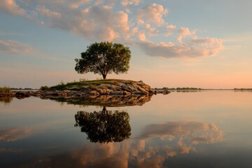 Serene Lone Tree Reflected in Calm Water at Sunset, Golden Hour, Tranquility.