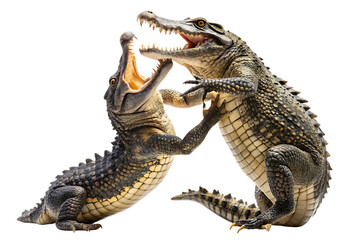 Fototapeta premium Two crocodiles, fighting with open mouths, cutout, PNG isolated on white or transparent background