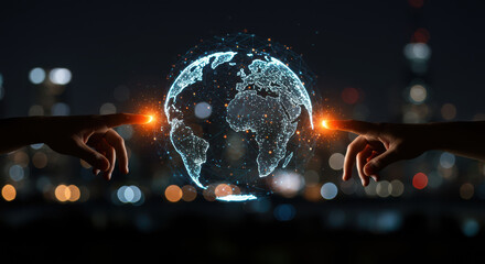 Futuristic digital globe with glowing connections and abstract technology elements
